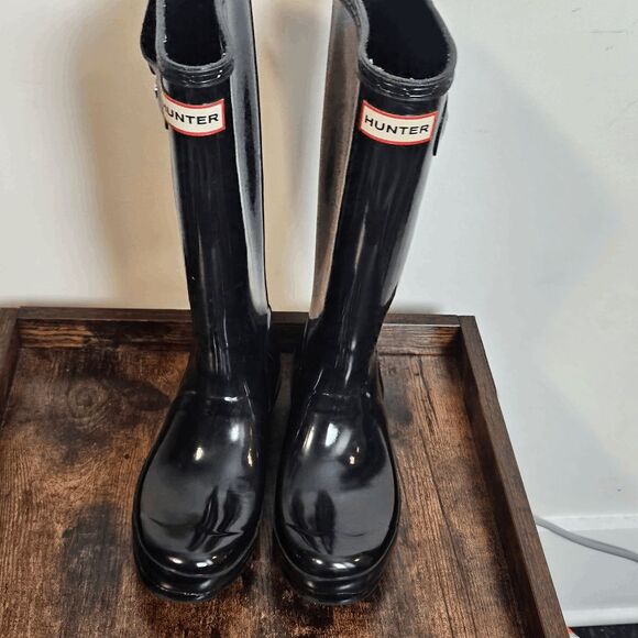 Hunter Original Tall Adjustable High Gloss Boots Rubber Rain Unisex Black Size 4 - Picture 3 of 7